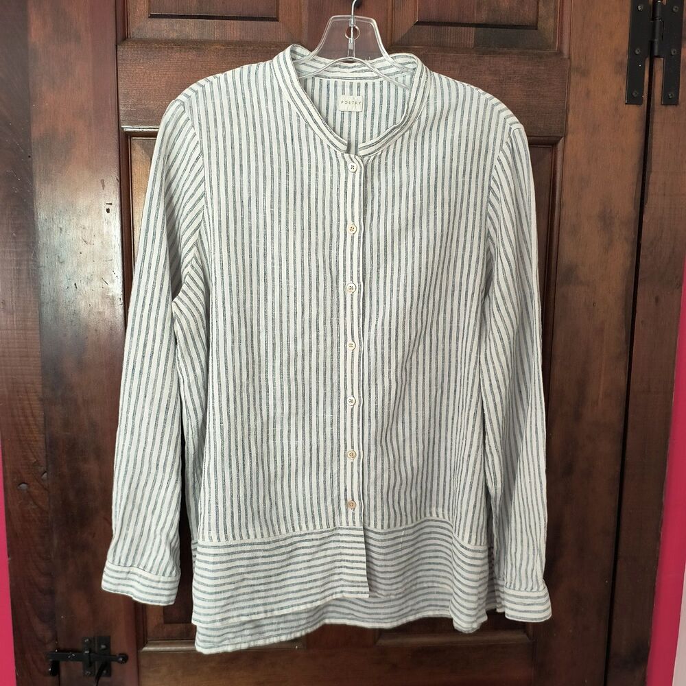 Poetry Tunic Top 14 Blue White Stripes Linen Button Up Coastal Lagenlook Resort